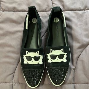 Karl Lagerfeld Cat Loafers Black Suede Rhinestone Studded 8.5